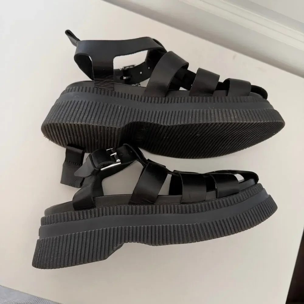GANNI (US 7 / EU 37) Black Leather Fisherman Sandals Platform Lug Sole Shoes